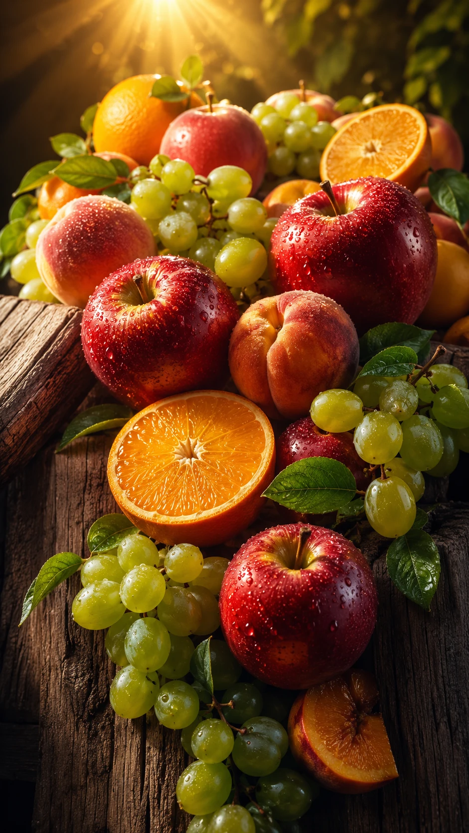 Colorful mixed fruits on rustic wooden planks in sunlight
