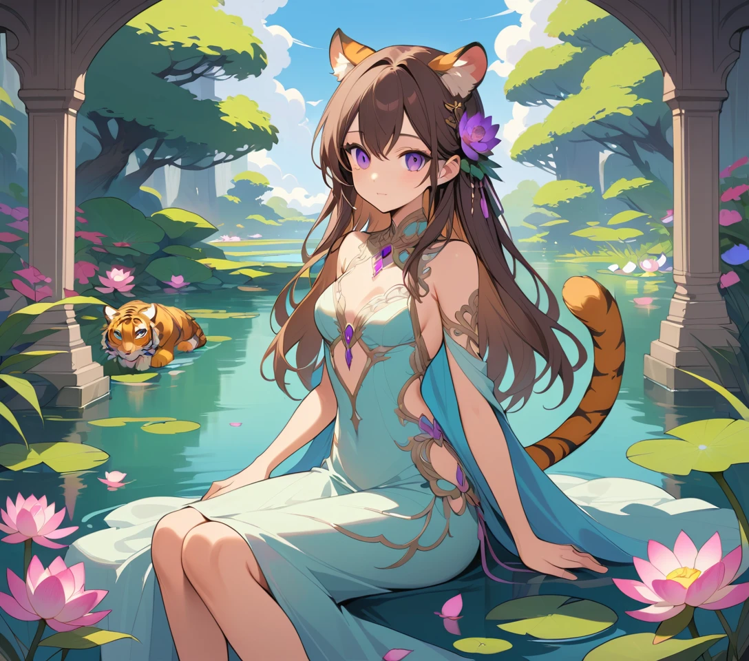 Mystical woman by a tranquil pond with vivid flowers