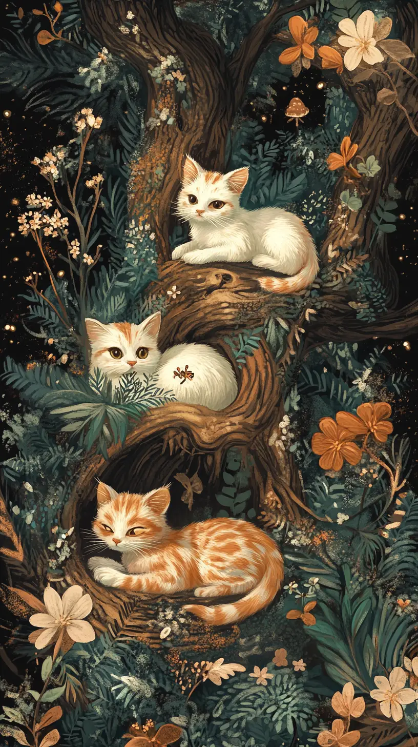Playful kittens explore a richly detailed woodland illustration