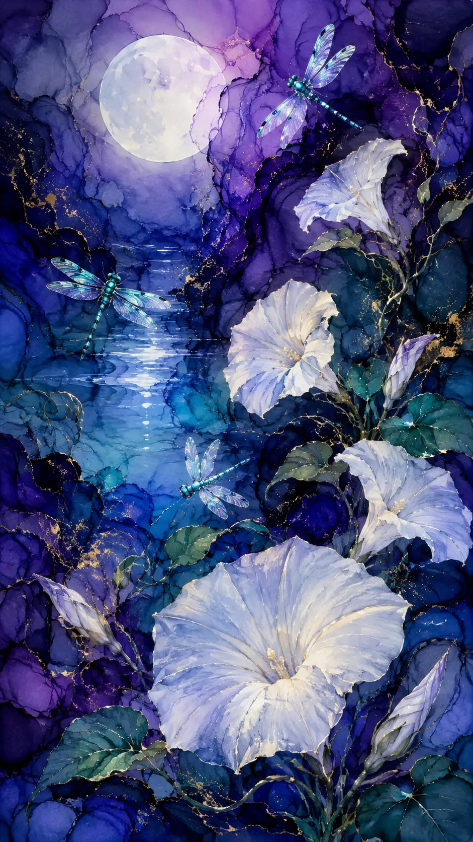 月光瀉湖與發光白花與蜻蜓