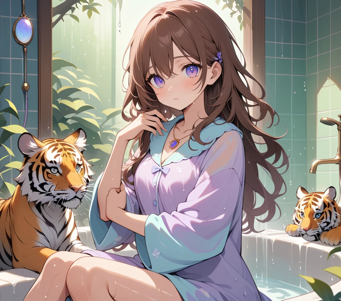 Relaxed tiger woman resting in a cozy bathroom