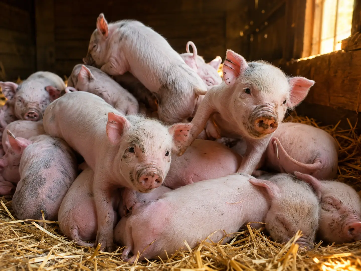 Cute baby piglets piled together on warm barn straw