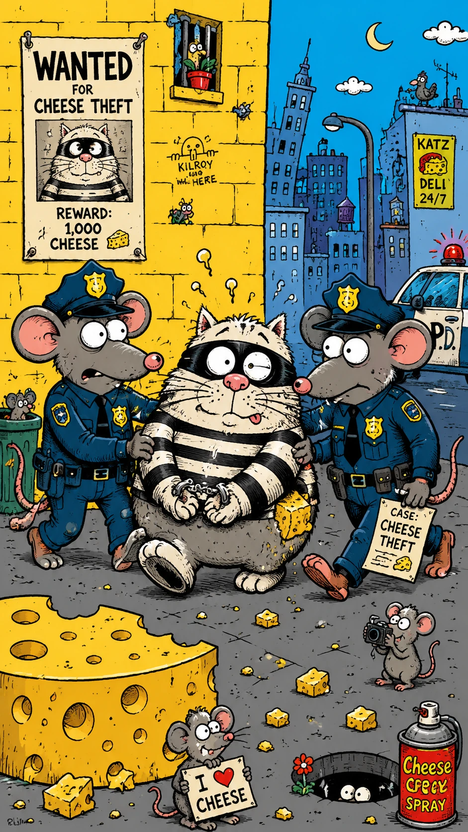 Desenho engraçado de ratos policiais prendendo um gato ladrão de queijo