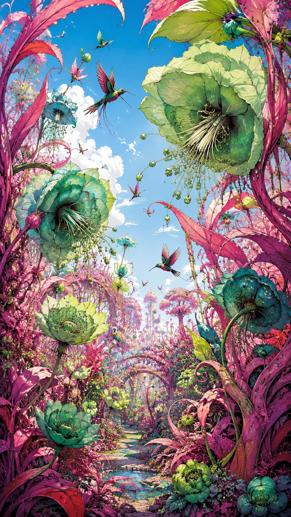 Jardin de fleurs exotiques aux fleurs vertes et au feuillage rose
