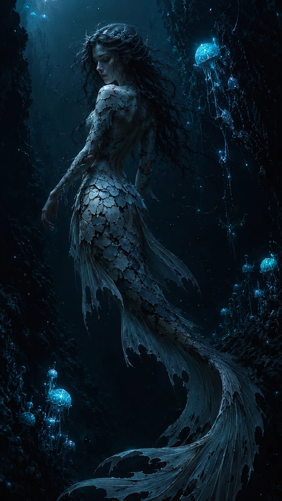 Melancholic mermaid drifting in a glowing abyssal trench