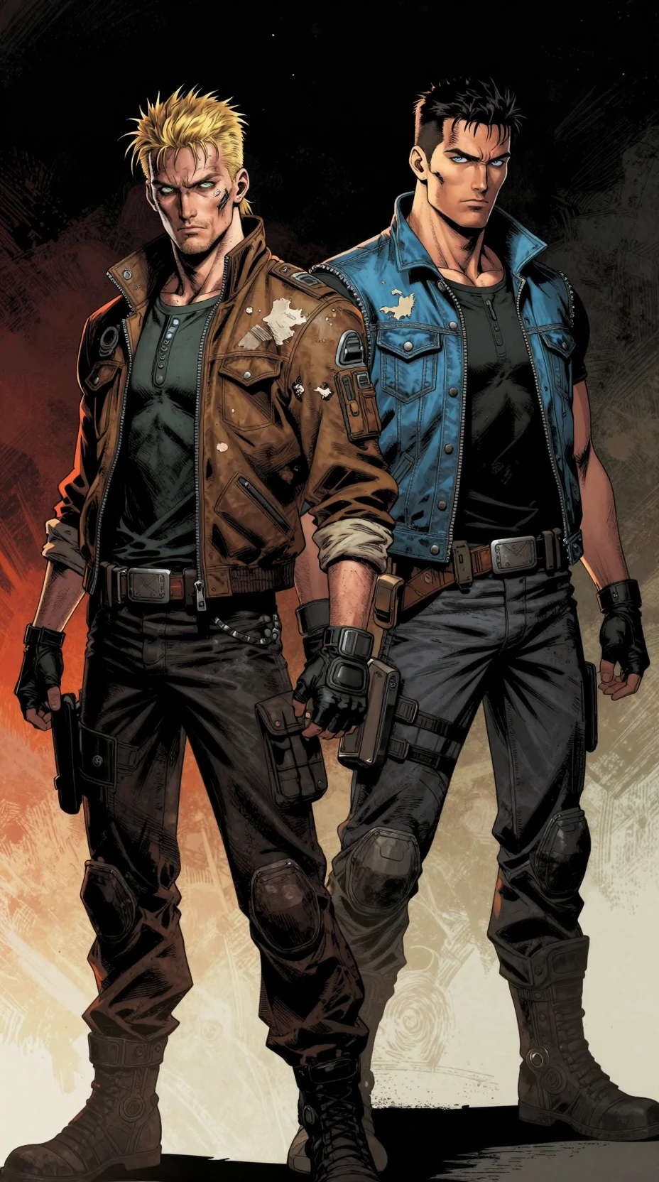 Dois renegados espaciais em uma cena cinematográfica de graphic novel