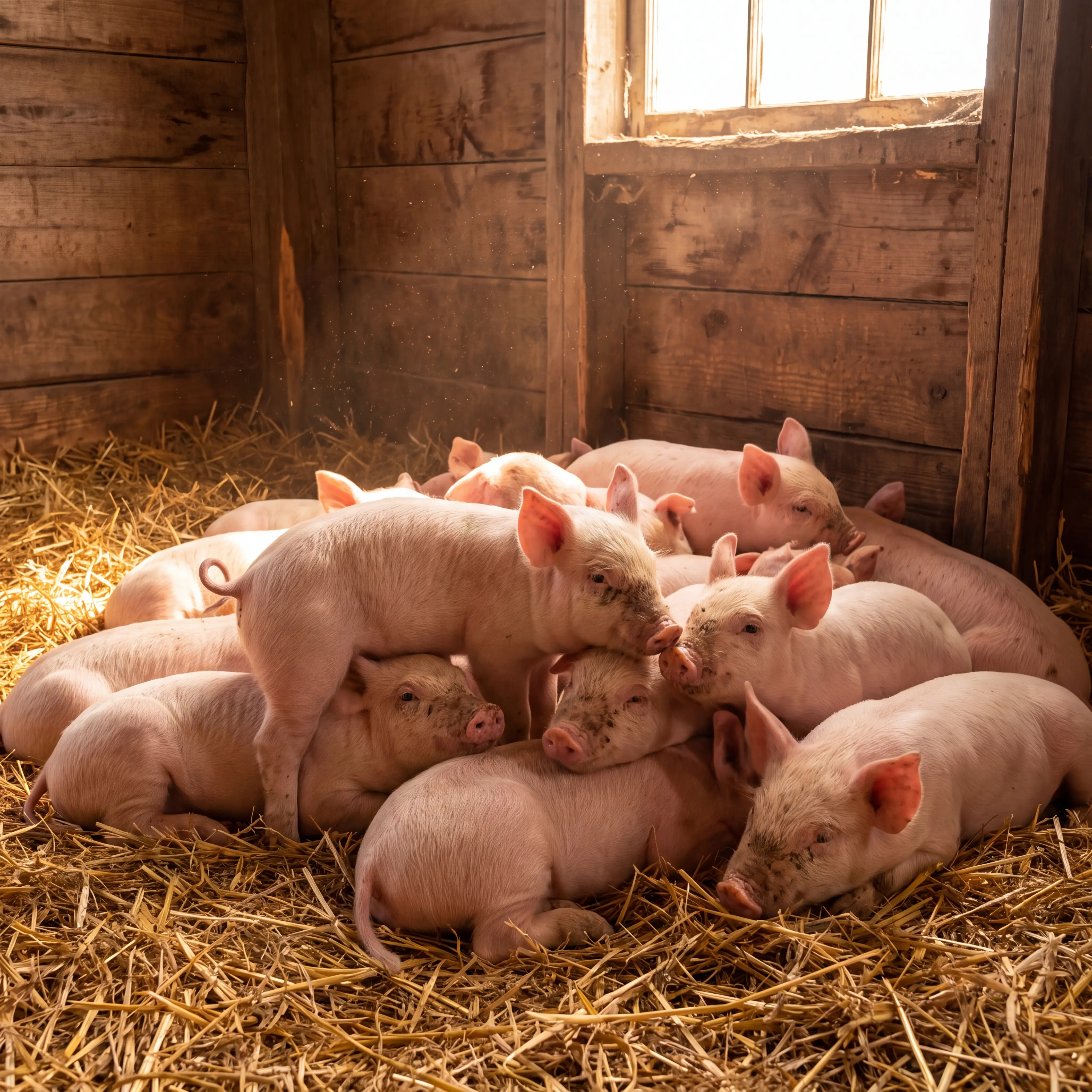 Cute baby piglets piled together on warm barn straw