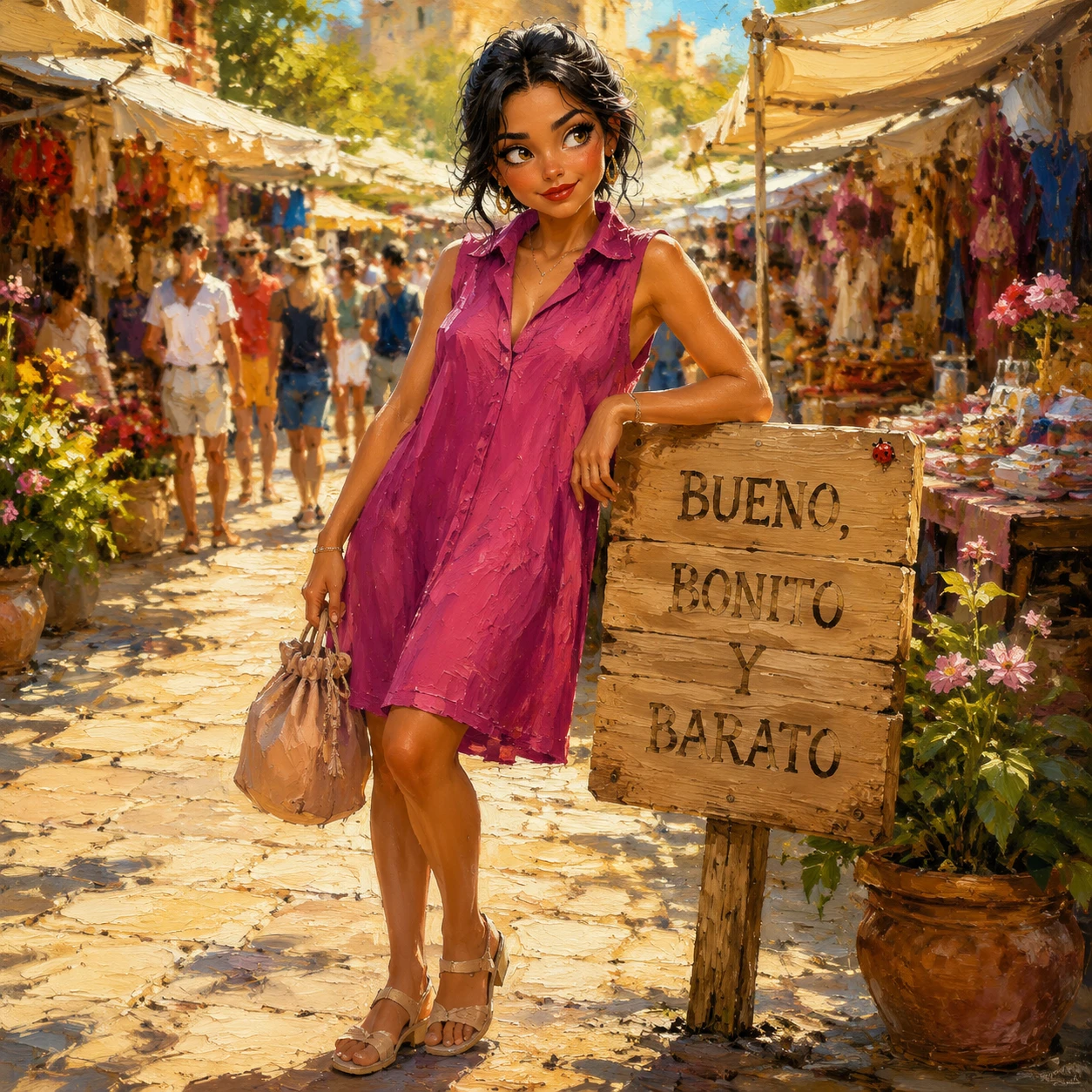 Jovem mulher de vestido violeta em um mercado ensolarado de verão
