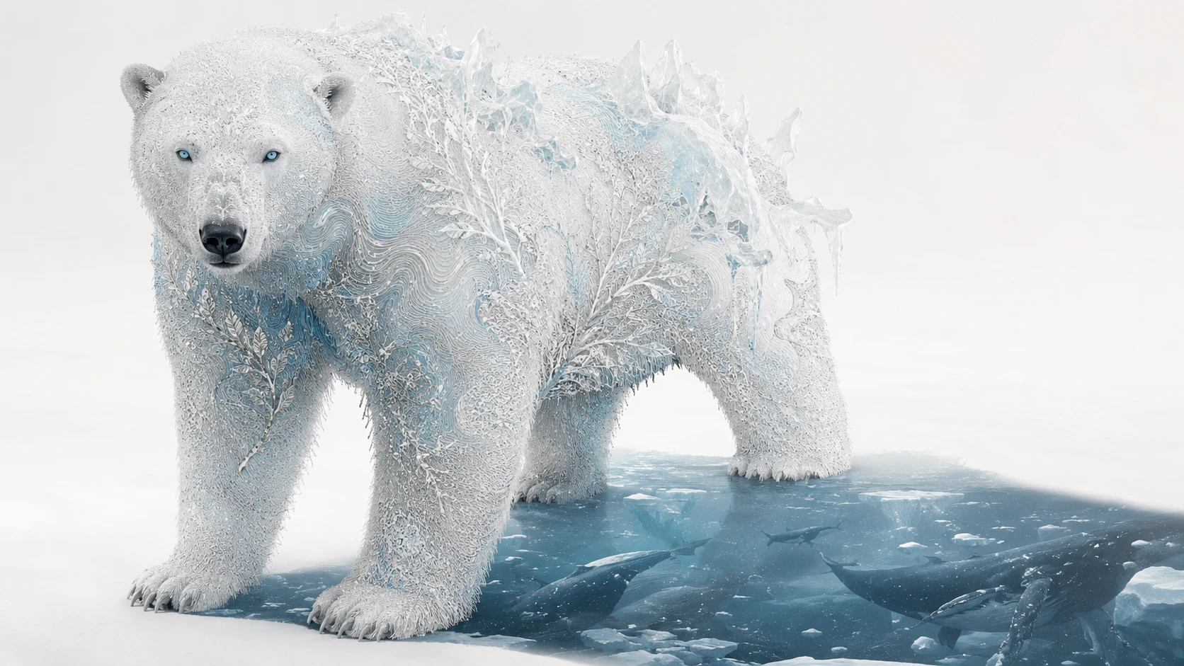 Urso-polar surreal em espaço negativo branco e gelado minimalista