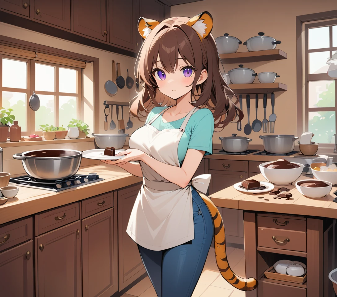 Tiger eared woman baking in a warm cozy kitchen