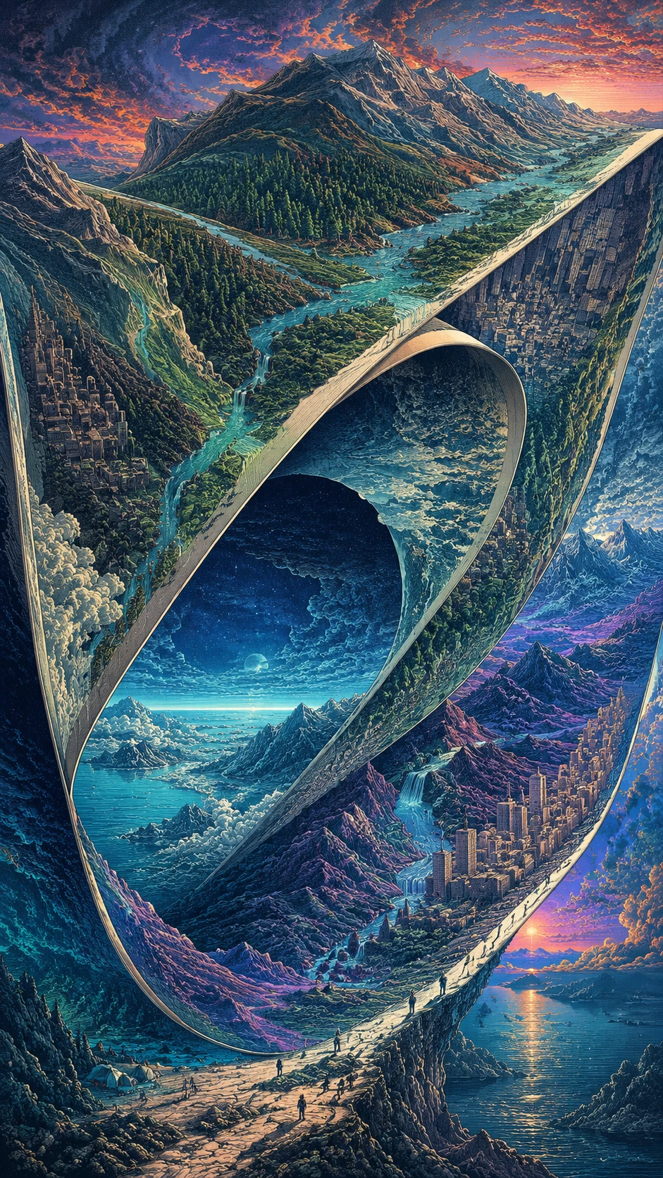 Paisagem surreal dobrada com montanhas e rios curvos