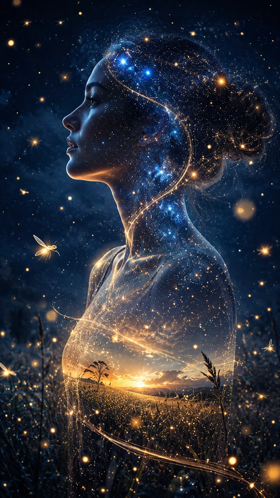 Retrato surreal em dupla exposição de uma mulher e do céu estrelado