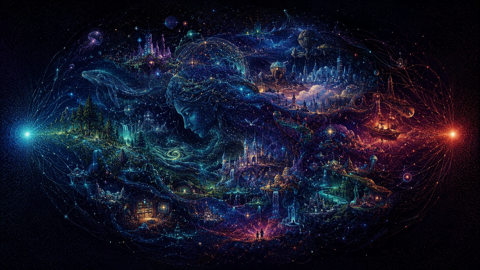 Puntos de luz brillantes que enmarcan un intrincado universo cósmico