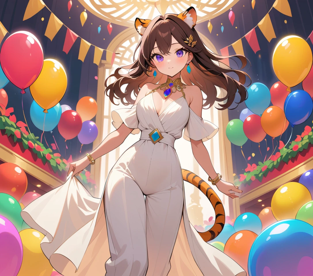 Elegant tiger eared woman in cream jumpsuit at party
