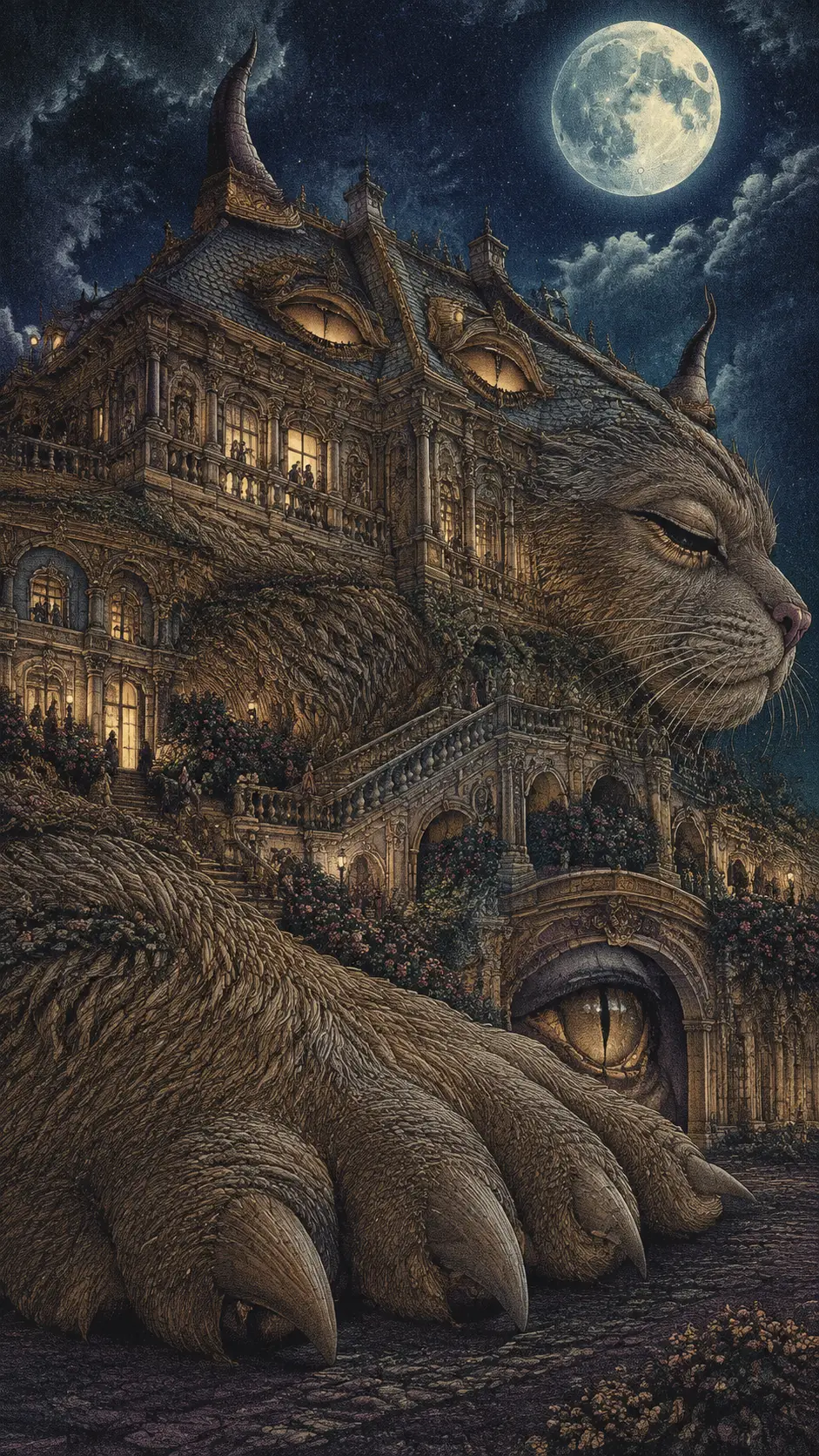 Gothic manor under moonlight revealing a hidden animal form