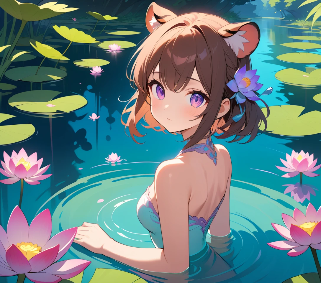 Tiger eared woman sitting peacefully on a lotus pond