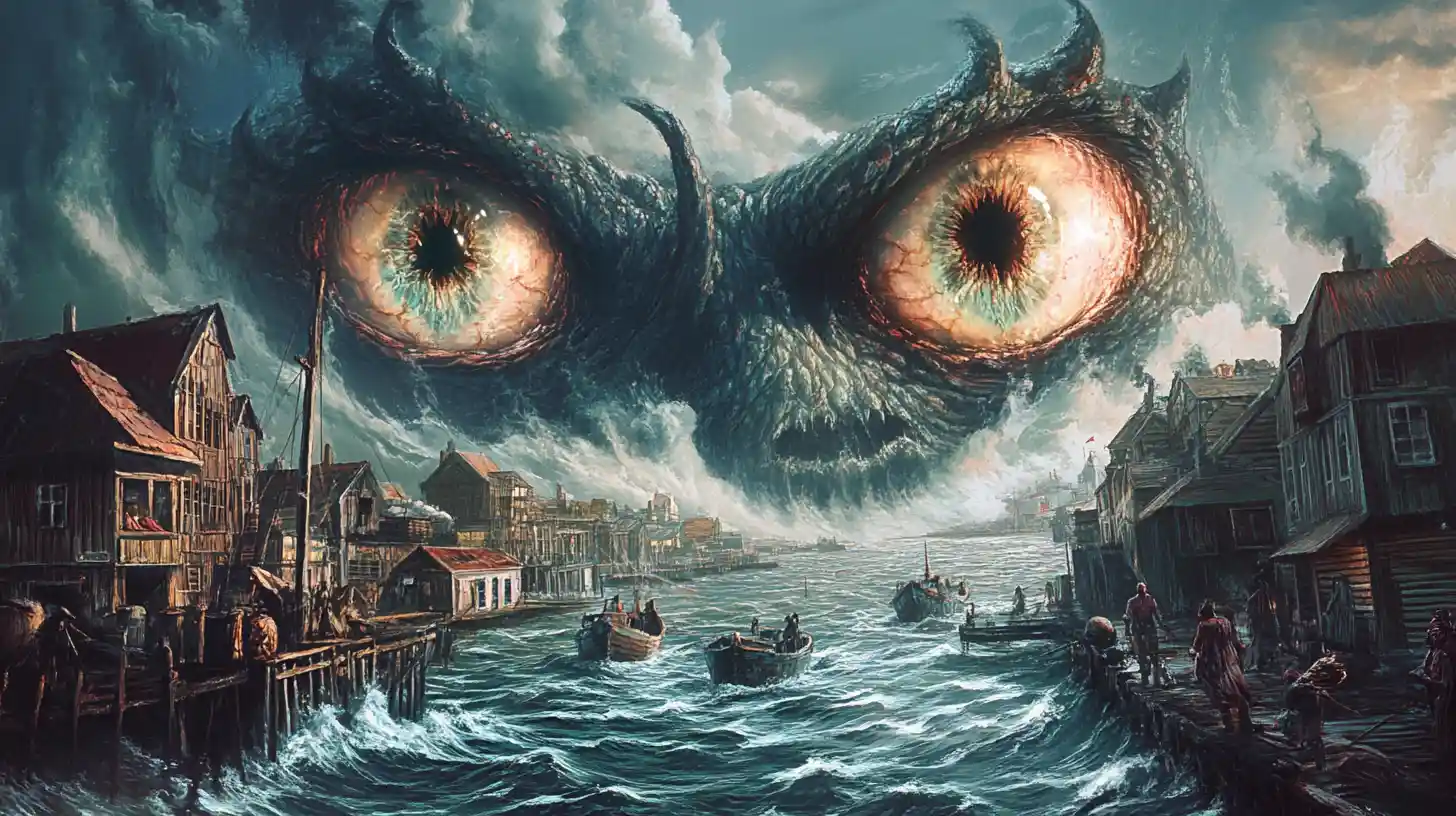 Olhos gigantes e malignos se erguendo do mar em direção a uma cidade portuária