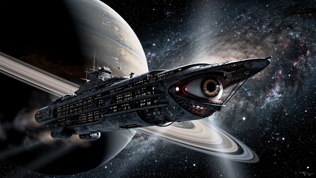 Colossal Spaceship With Electronic Eye Near Ringed Planet