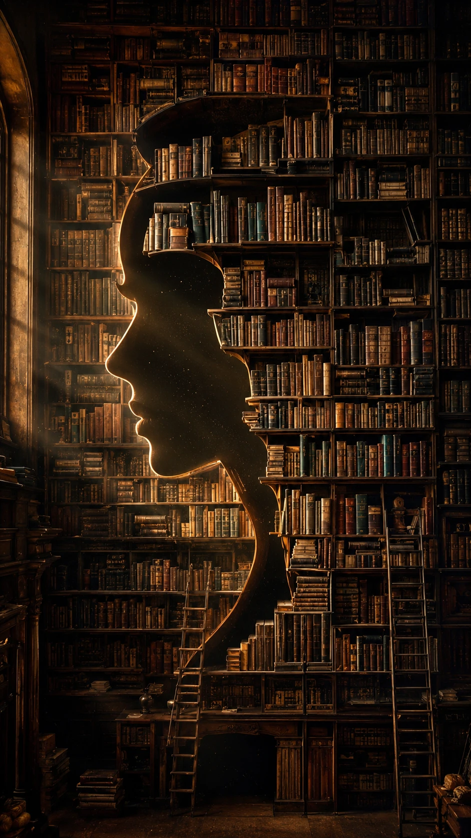 Estantes de biblioteca antiga formando o perfil de uma mulher na sombra