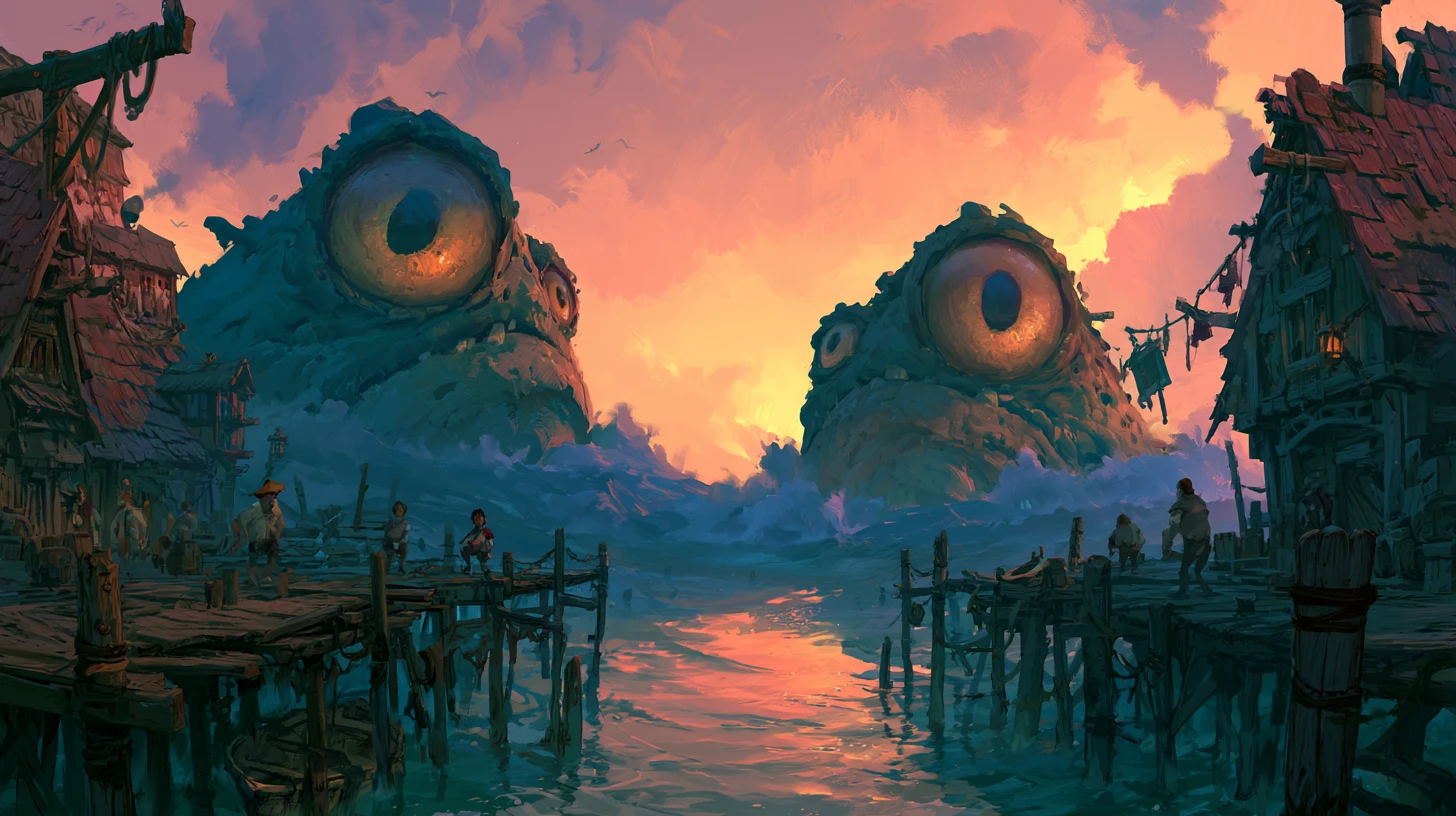 Giant aquatic monster eyes surge toward a quiet seaside town