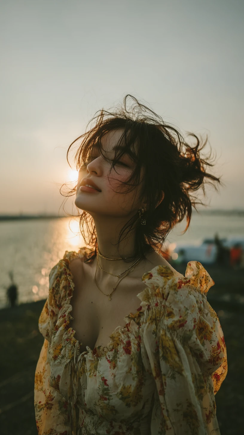 在閃耀海邊側身而立的年輕日本女子