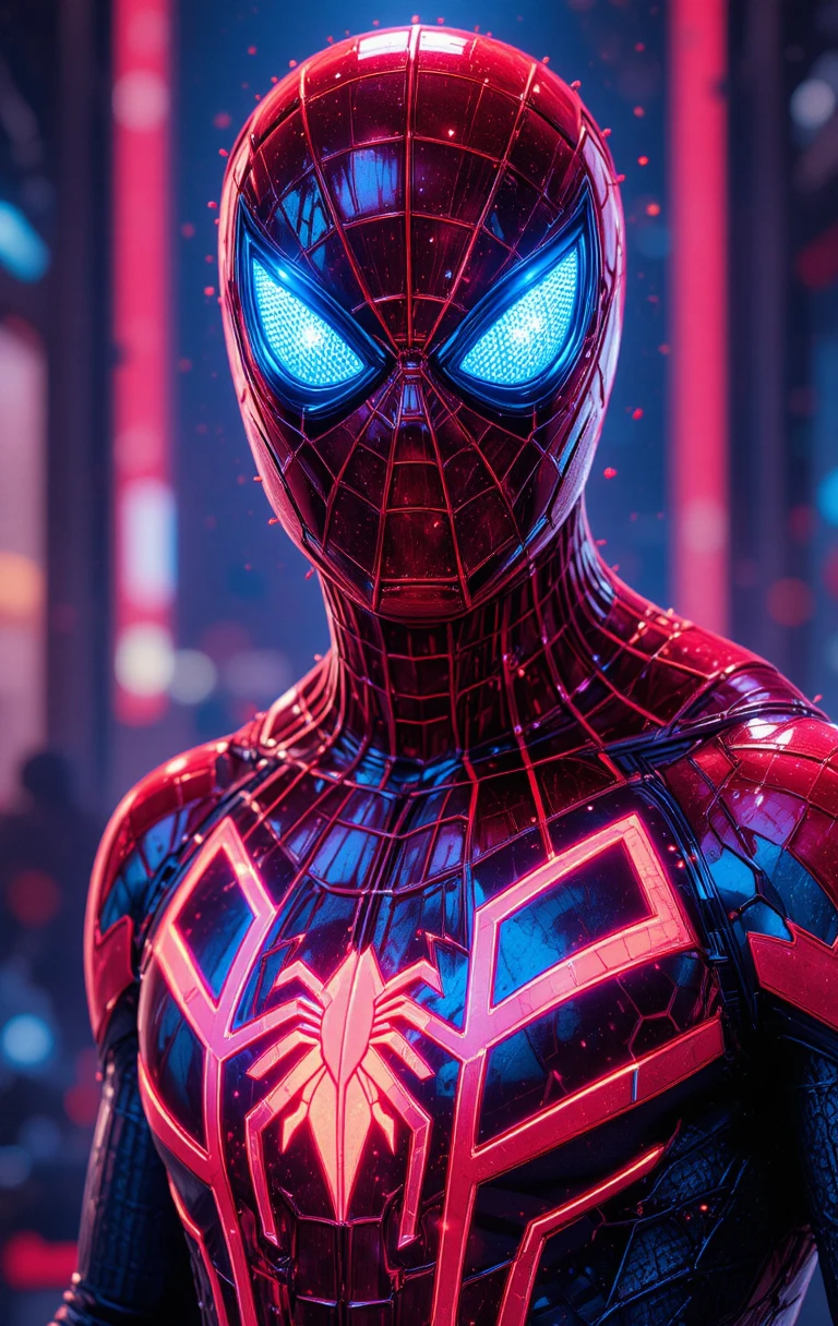 Super-herói moderno em vermelho e azul metálico com fundo de neon