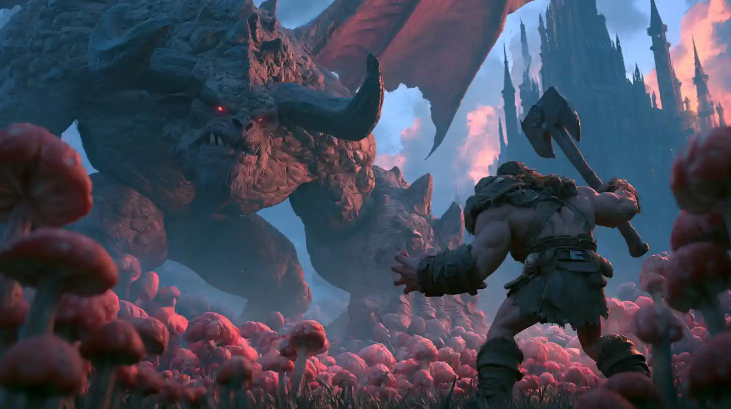 Guerreiro bárbaro lutando contra um demônio alado em fantasia 3D