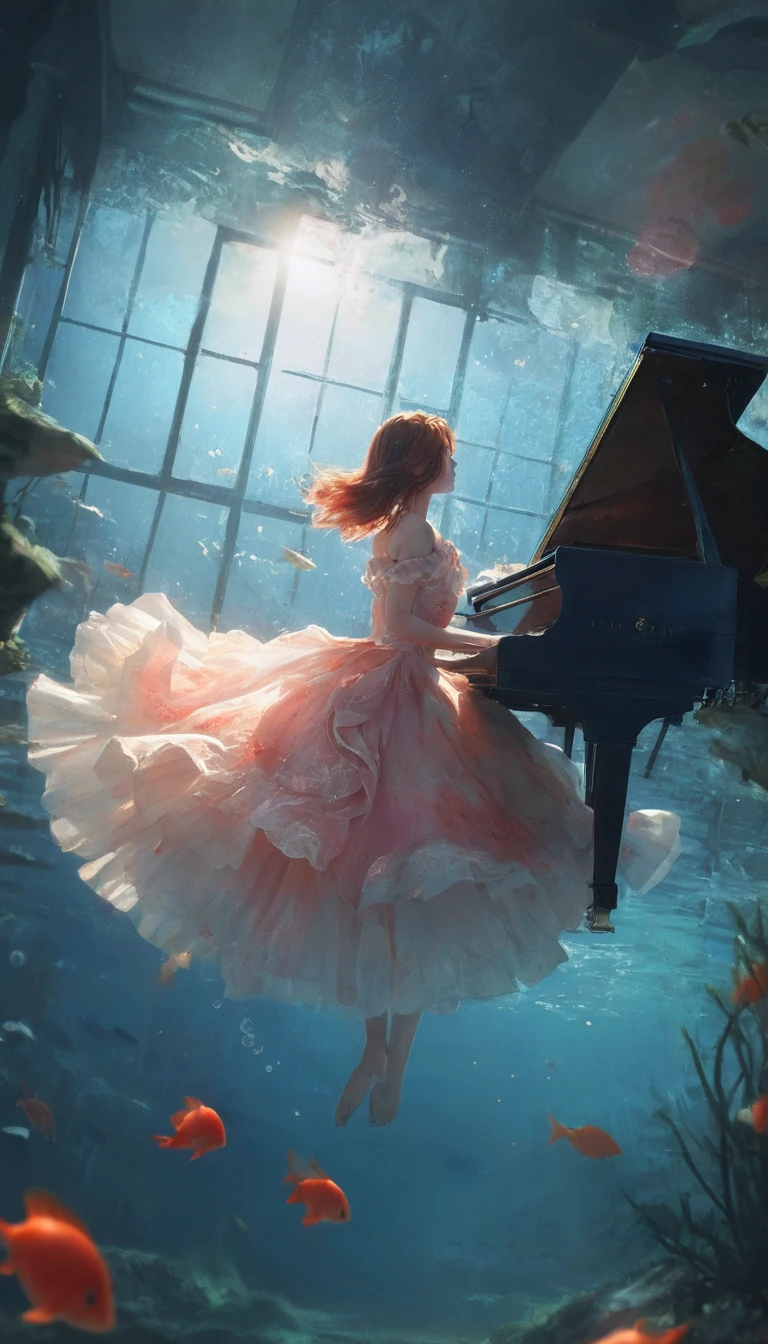 Underwater ballerina playing piano amid swirling fish and light