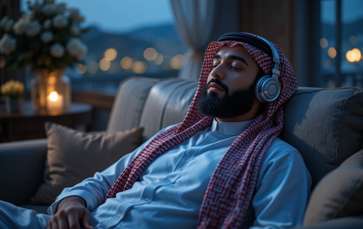 Homem do Oriente Médio relaxado descansando com fones de ouvido ao entardecer