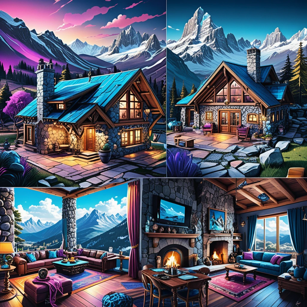 Luxuriöse rustikale Berghütte im isometrischen Fantasy-Stil