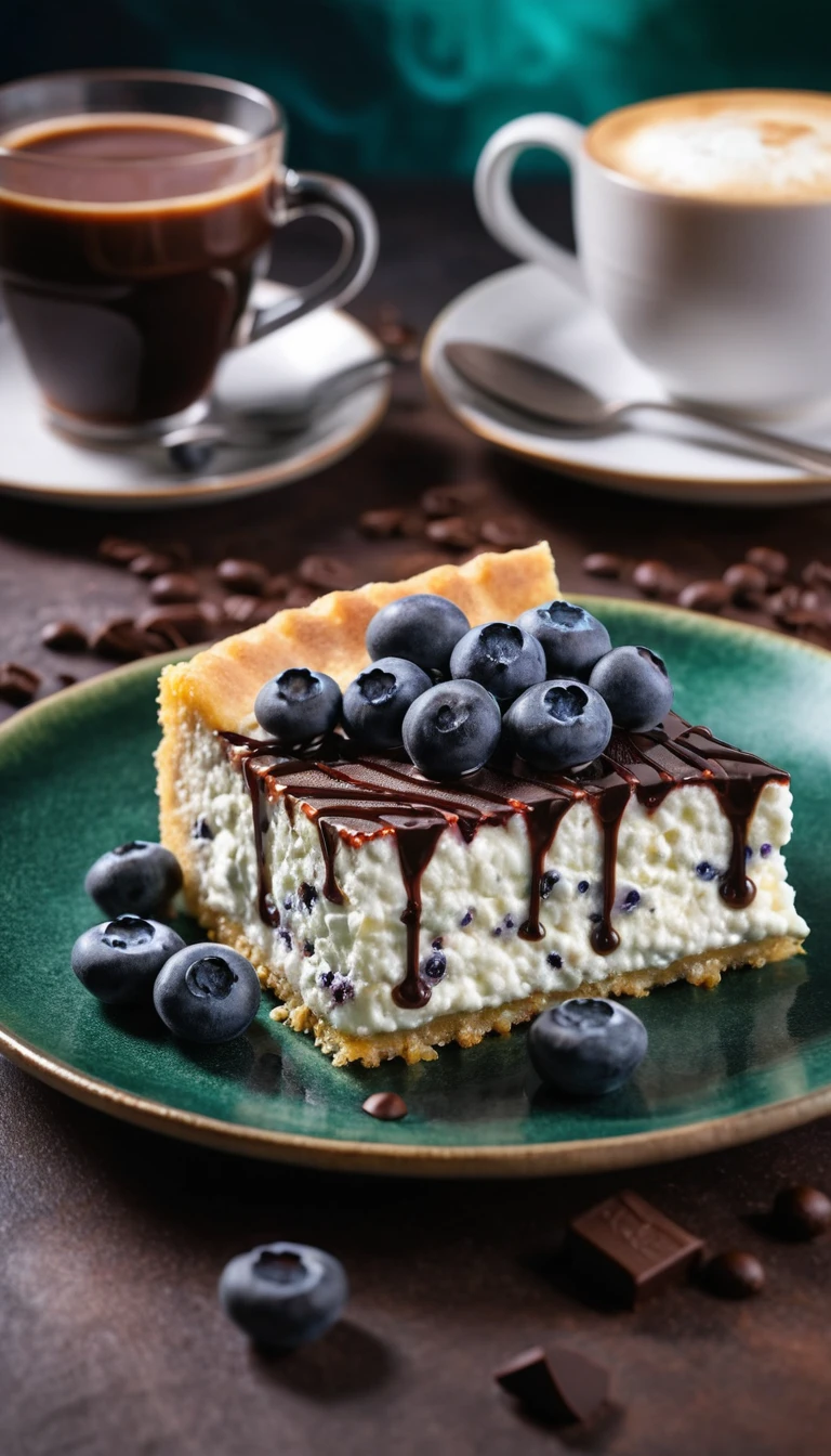 ブルーベリーとチョコレートソースのカッテージチーズケーキスライス