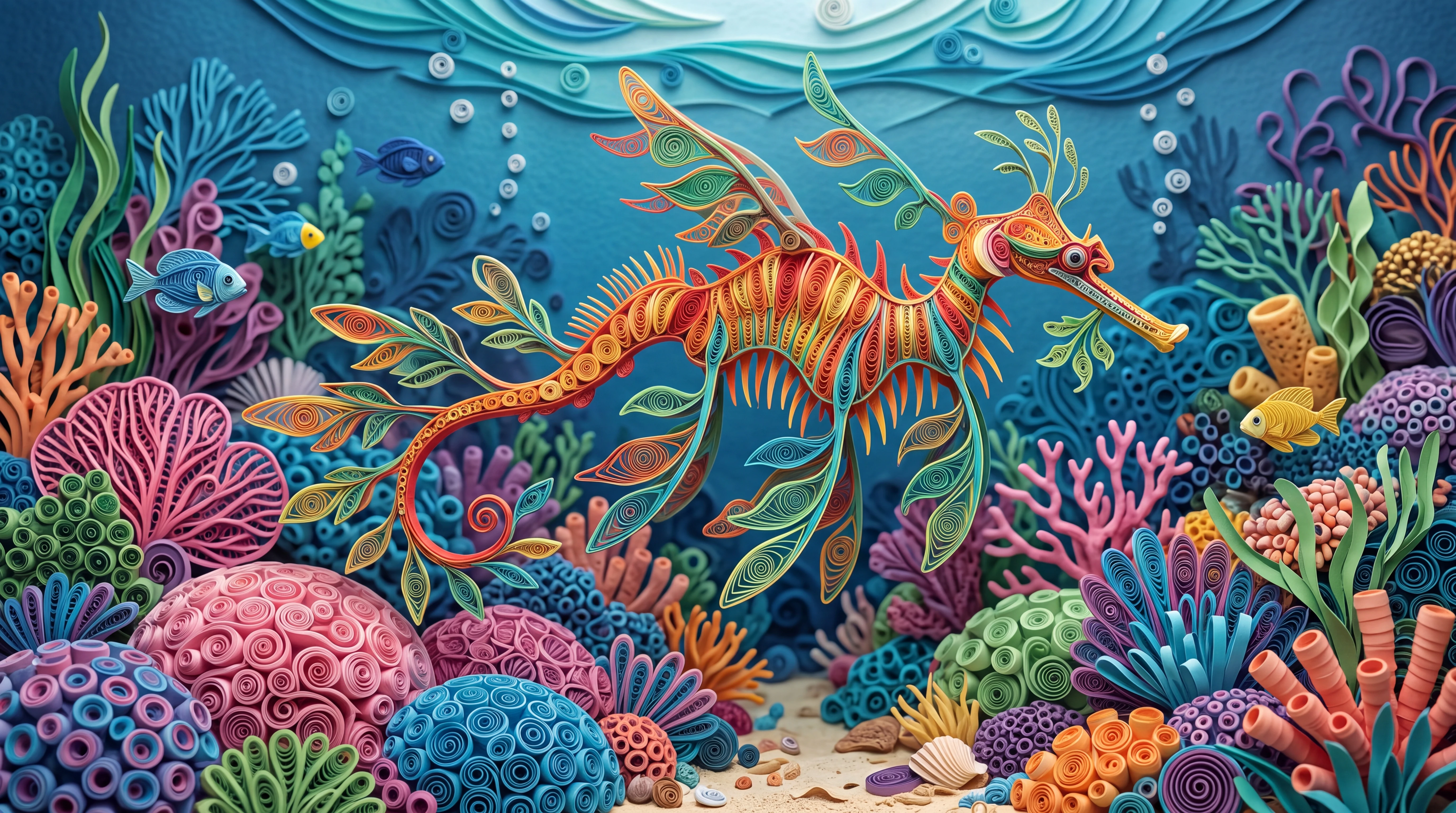 Colorful sea dragon drifting slowly through a coral reef