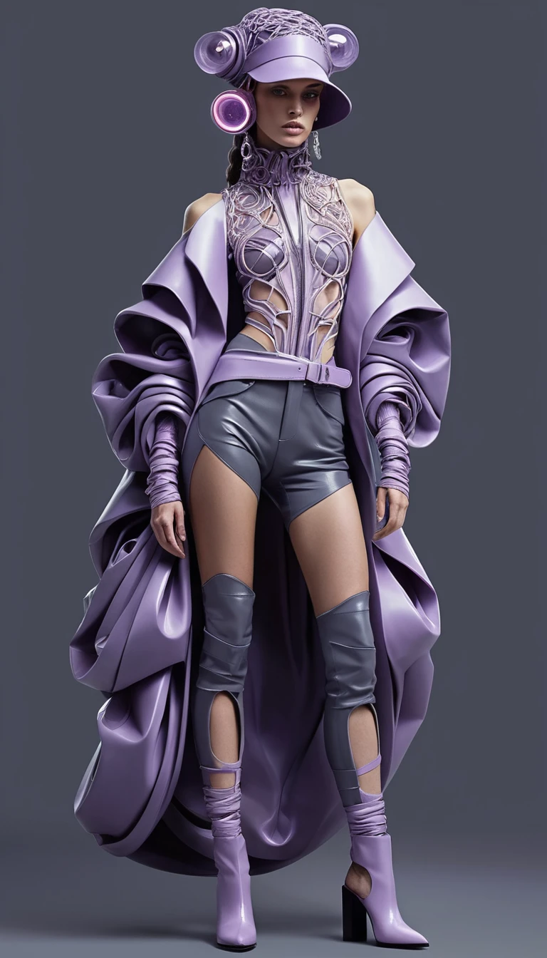Futuristische, ganzkörperige Fashion-Frau im fliederfarbenen Cyberpunk-Glow