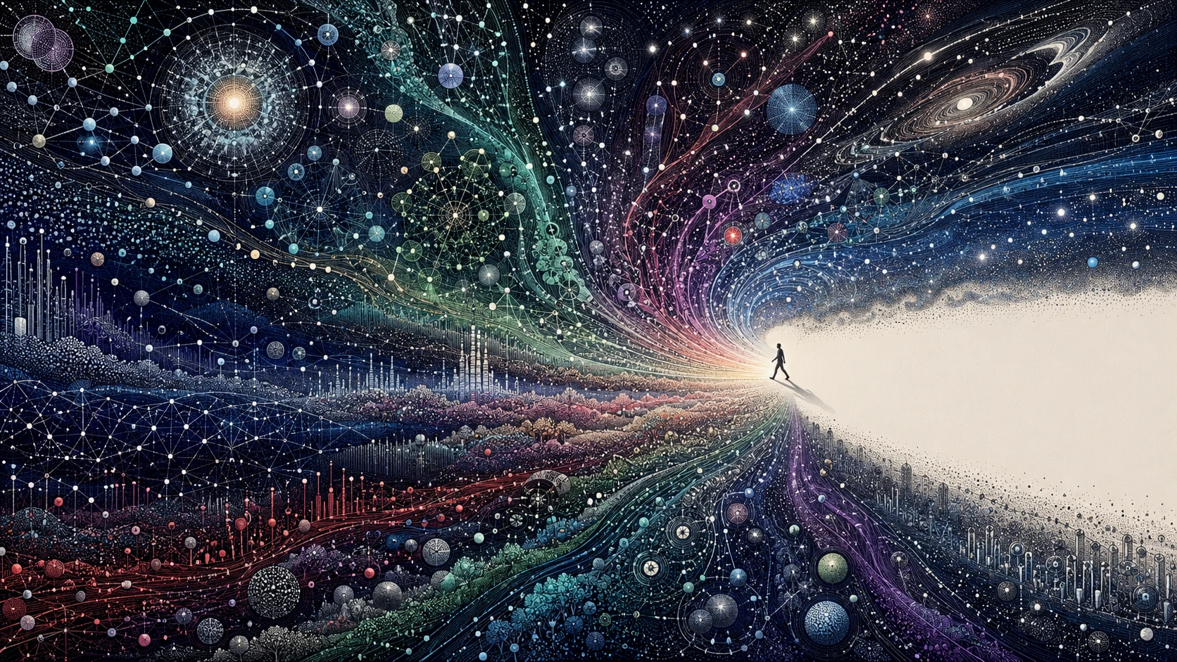 Minuscule humain face à un immense univers cosmique analytique