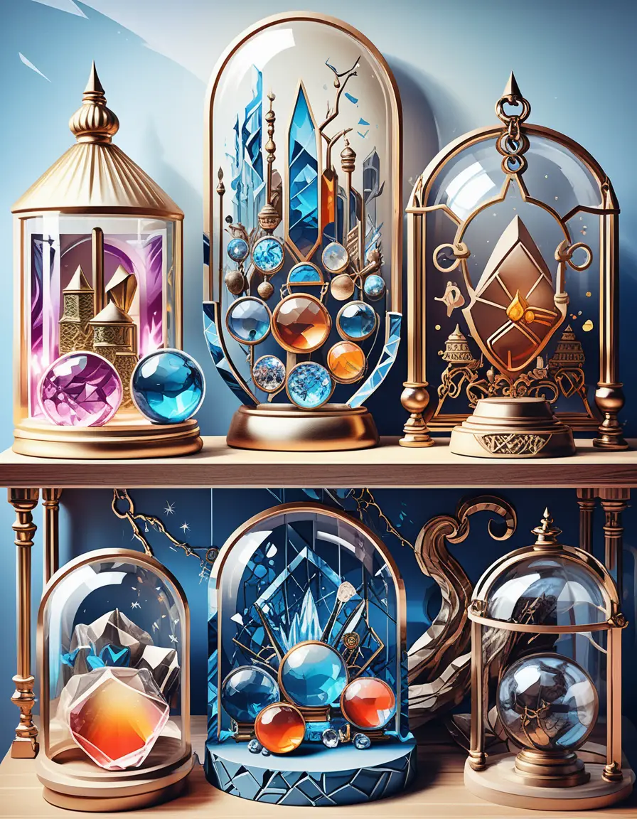Ornate crystal relic display with neon pink and blue glow