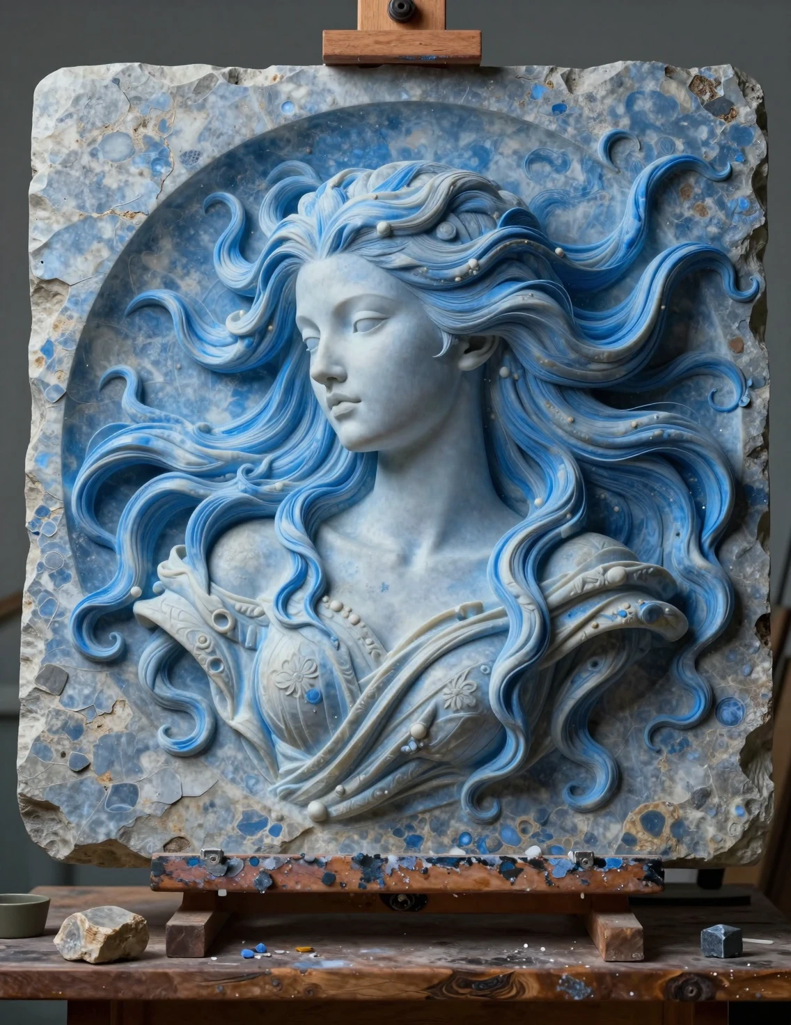 Stone carved woman headshot in blue 3D artwork