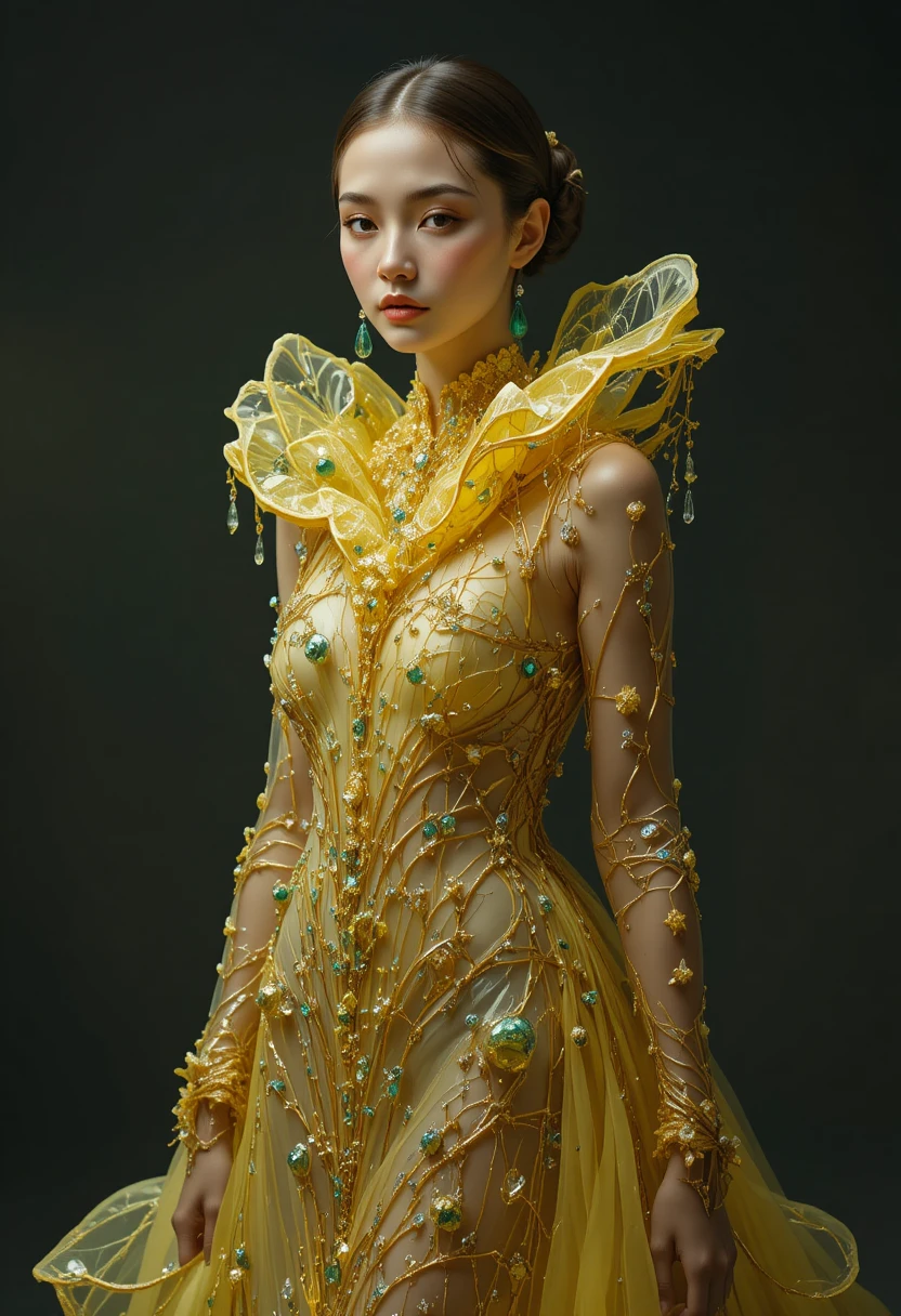 Femme élégante en robe couture aux tons d’agrumes sous une lumière dramatique