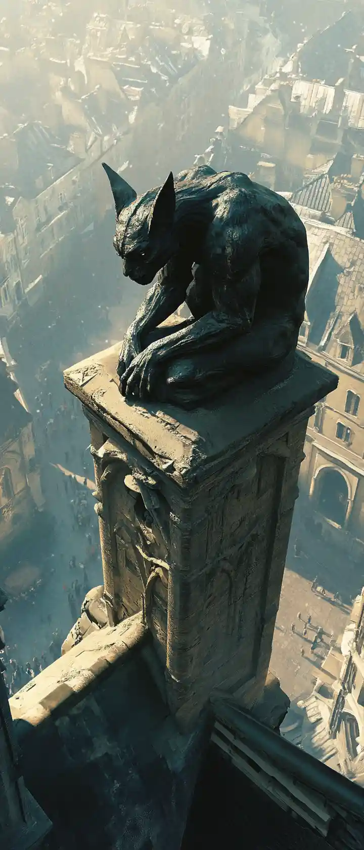Uralte Gargoyle überblickt eine dramatische Noir-Stadtszene