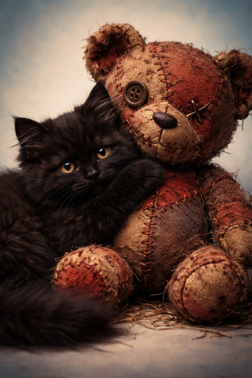 Adorable chaton noir câlinant un ours en peluche patchwork usé