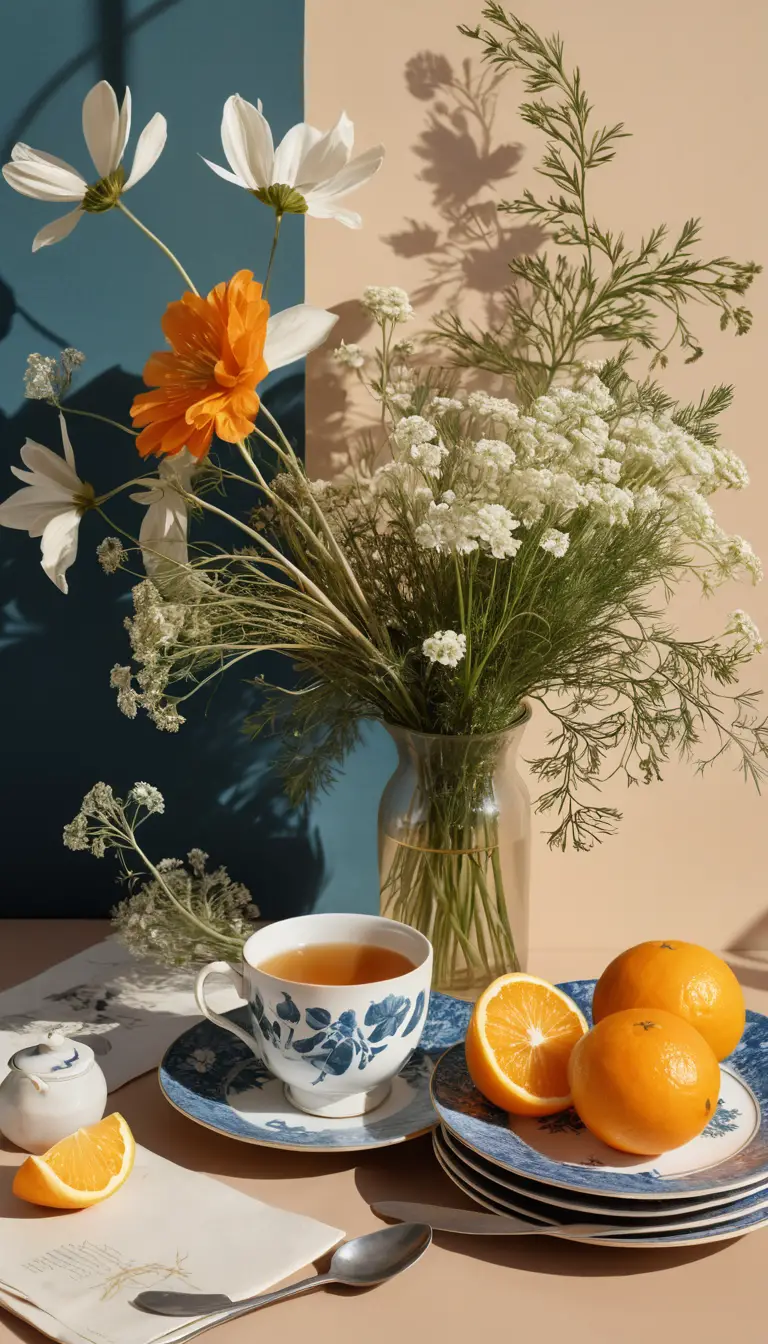 Collage veraniego con taza de té y sombras florales juguetonas