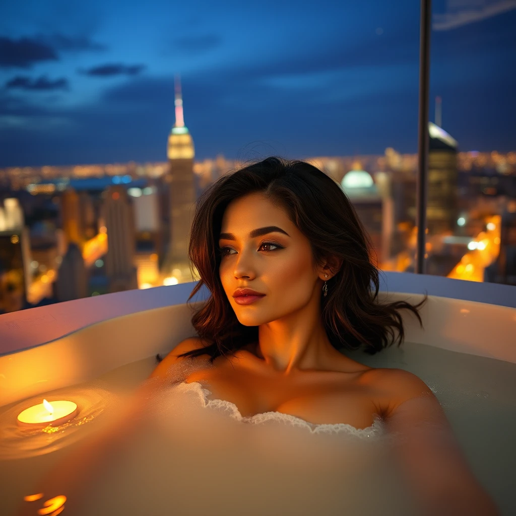 Mulher relaxando em uma jacuzzi iluminada por velas com vista para a cidade