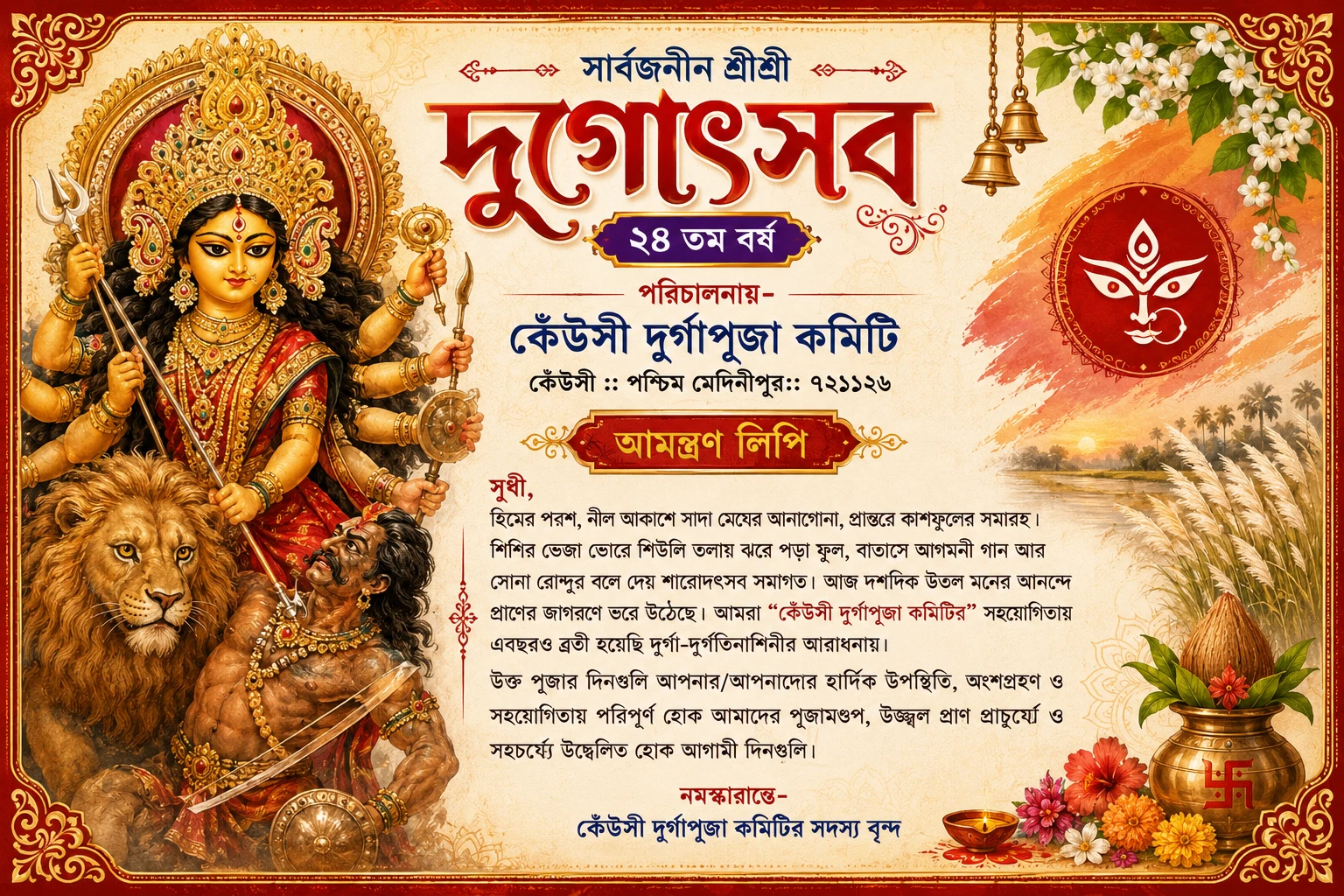 Bengalische Durga-Puja-Einladungskarte mit festlicher Typografie