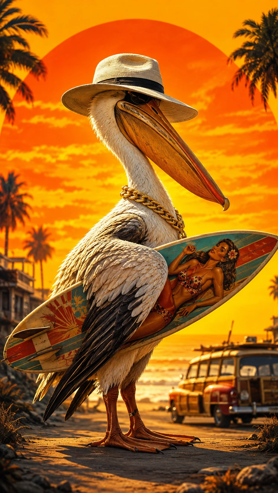 Stylized pelican surfer with surfboard at glowing sunset