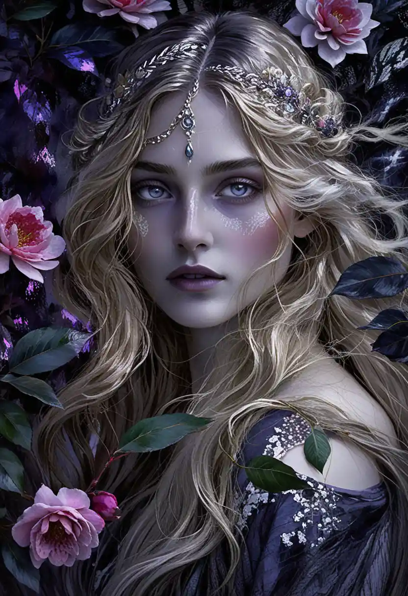 Woman portrait with red flowers and flowing auburn hair