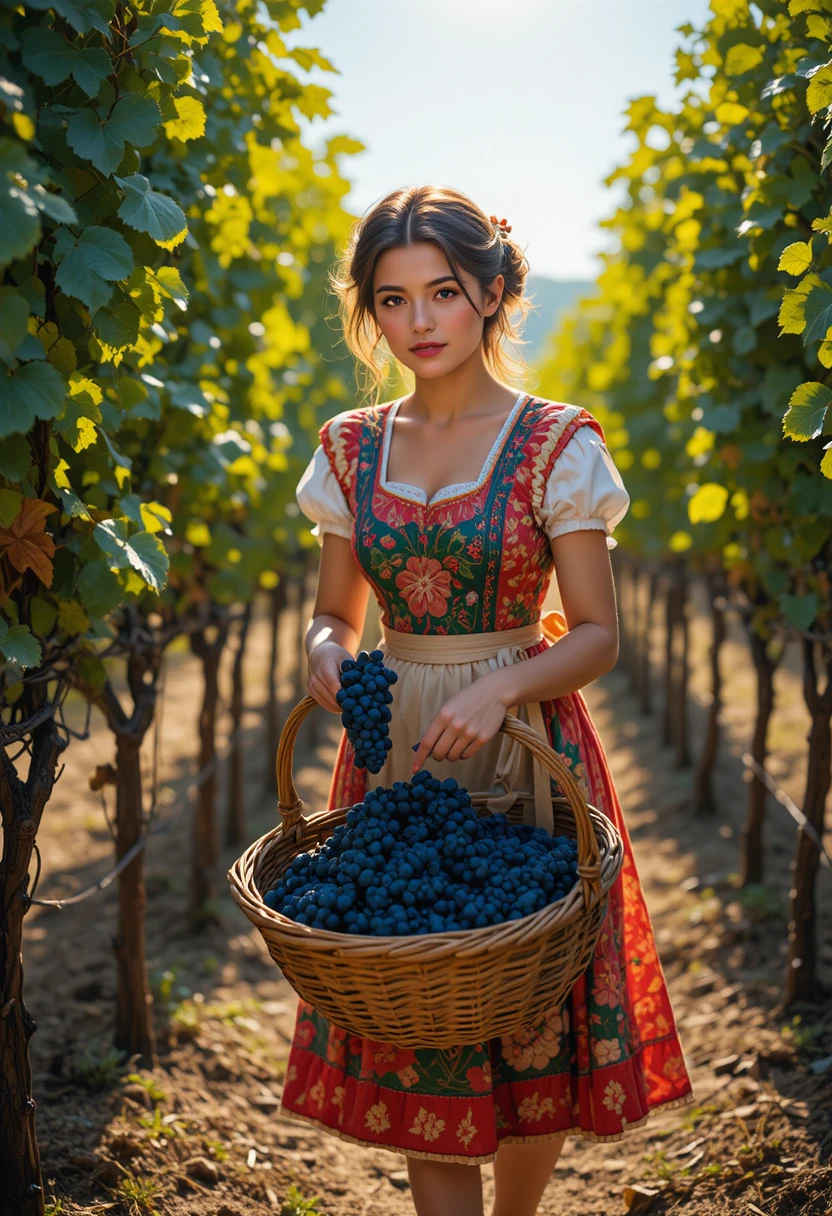 Italian woman harvesting grapes in a sunlit vineyard