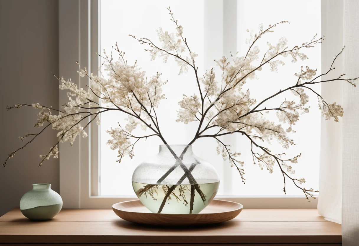 Stilles Japandi-Interieur mit Keramik und natürlichen Zweigen