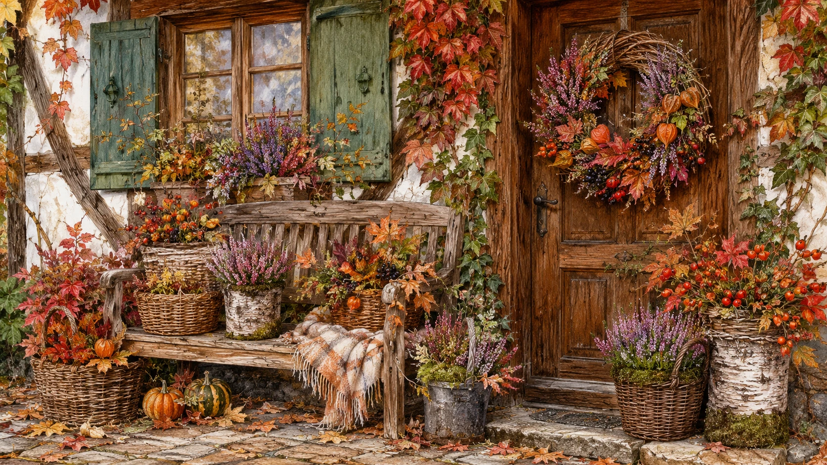 Decorazioni autunnali all’ingresso di una casa a graticcio