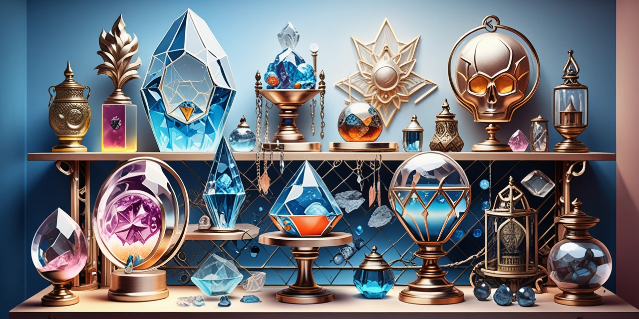 Reliquia di cristallo esposta in una scenografia ornamentale di line art al neon