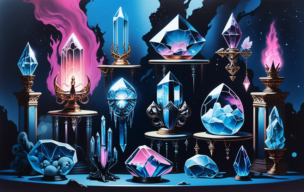 Exposition de reliques en cristal ornées en style line art néon