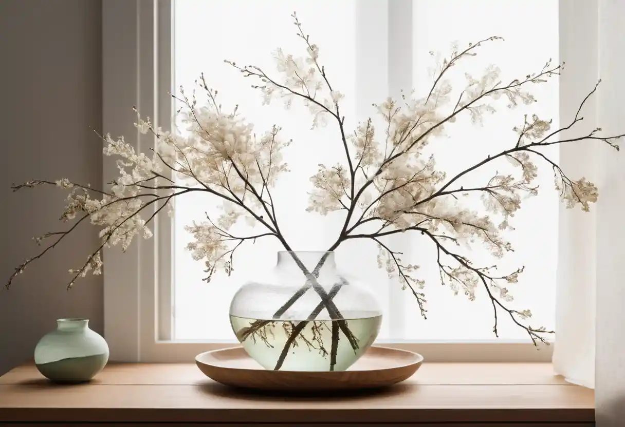Interior Japandi Sereno con Cerámicas y Ramas Naturales